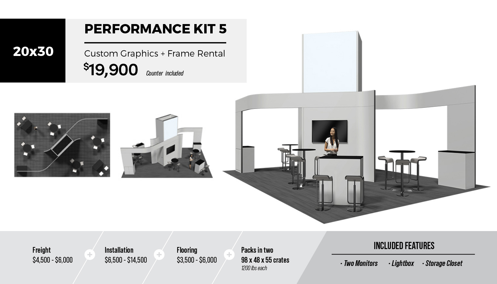 20x30 Performance Kit 5 Custom Exhibit Display Rental Package with storage room, lightbox, demo stations, welcome counter, two monitors, and custom graphics.