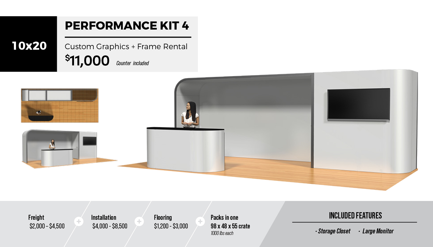10x20 Performance Kit 4 Custom Exhibit Display Rental Package with monitor, shelves, custom graphics, monitor, curved canopy, storage room, and welcome counter