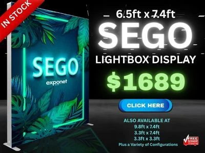 In Stock - the 6.5ft x 7.4ft SEGO lightbox display plus free shipping inside the U.S.