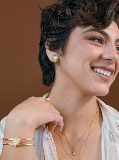 Gold Pearl Medallion Stud Earrings Gold Pearl Medallion Stud Earrings