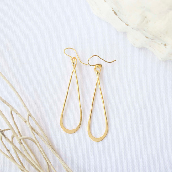 long teardrop shaped dangle earrings, 18k yellow gold plated