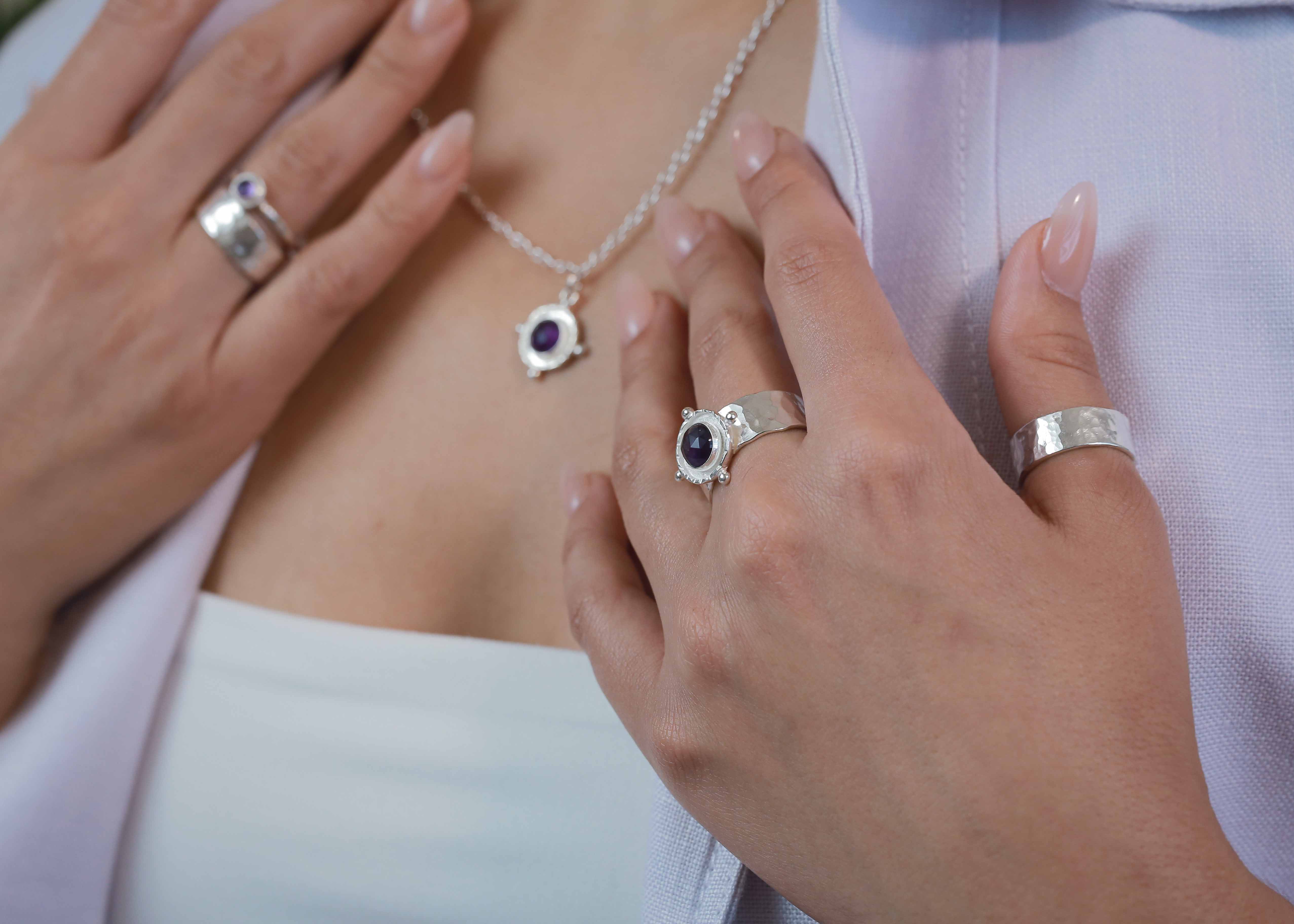 February Birthstone Rings: Gold Amethyst Gem Medallion Ring