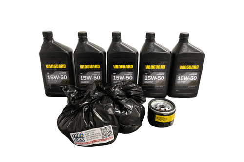 Oil change kit for Briggs & Stratton twin cylinder CXi series models starting with 40T-44T-49T Contains the oil for the initial fill, plus oil and filter for the first oil change. Featuring B3C Oil Lock for easy disposal of waste oil.