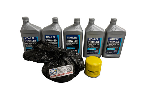 Oil change kit for Rehlko/Kohler 824cc-999cc models of all series. Contains the oil for the initial fill, plus oil and filter for the first oil change. Featuring B3C Oil Lock for easy disposal of waste oil.