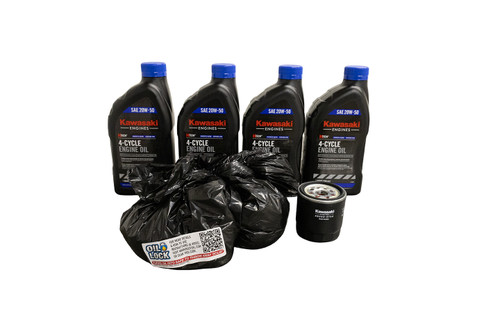 Oil change kit for Kawasaki series FX921-FXT00 models and all FH series. Contains the oil for the initial fill, plus oil and filter for the first oil change. Featuring B3C Oil Lock for easy disposal of waste oil.