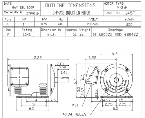 TECO-Westinghouse DTP0016 1 HP Motor 230/460V 3-Phase
