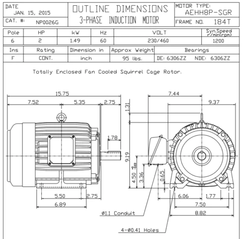 TECO-Westinghouse NP0026G 2 HP Motor 230/460V 1200 RPM
