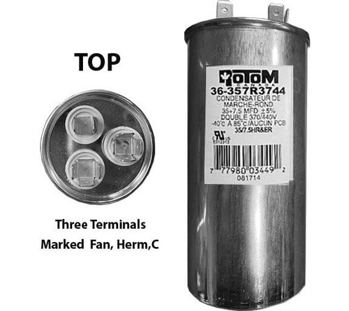 Rotom 36-357R3744 Dual Run Capacitor 35-7.5 MFD 370/440V