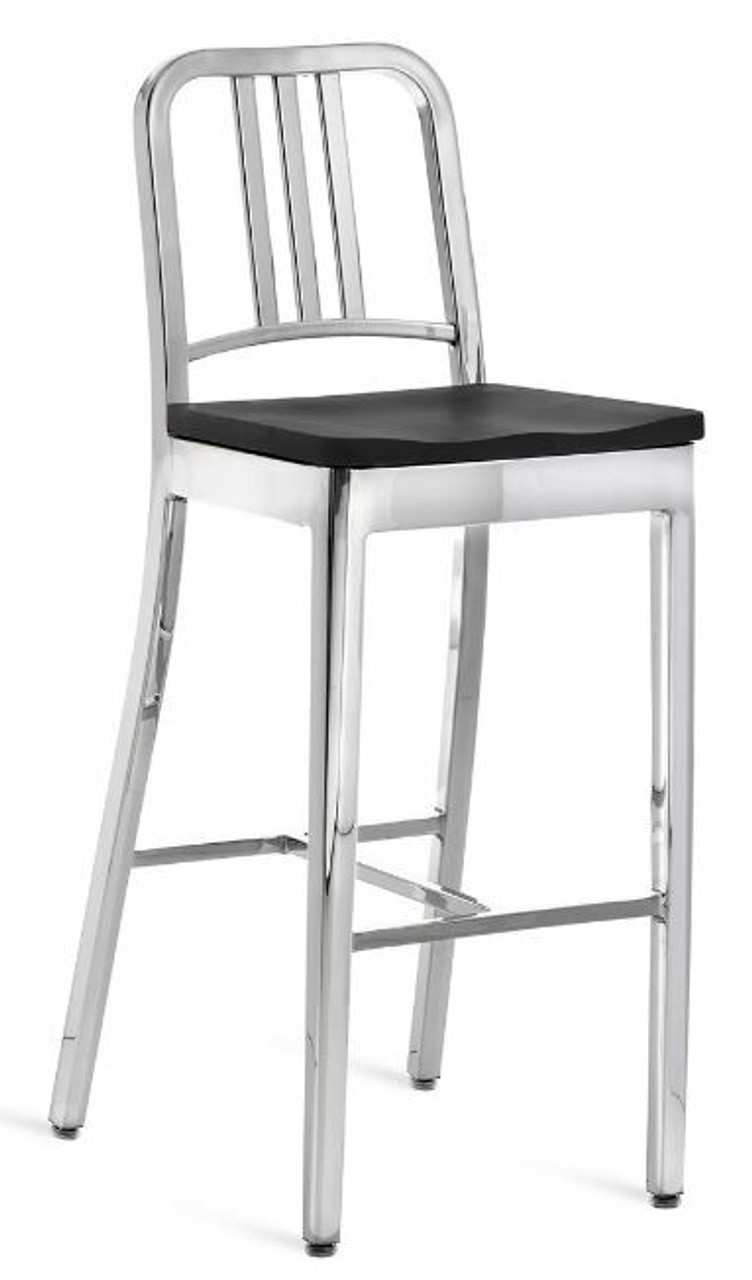 EMECO 1104 Navy Barstool w/ Wood Seat- Polished