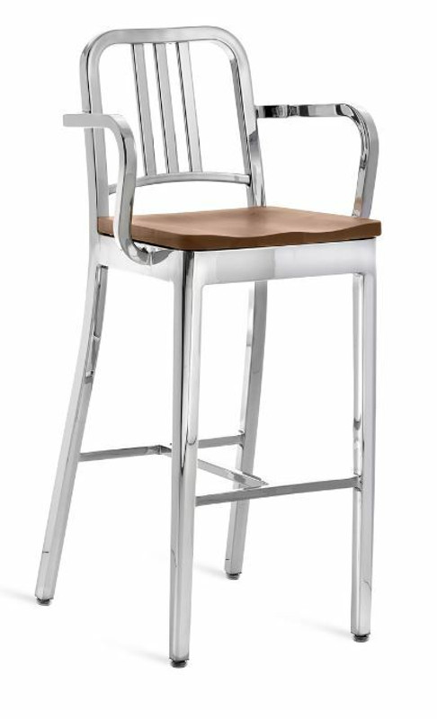 EMECO 1104 Navy Barstool (Arms) w/ Wood Seat- Polished