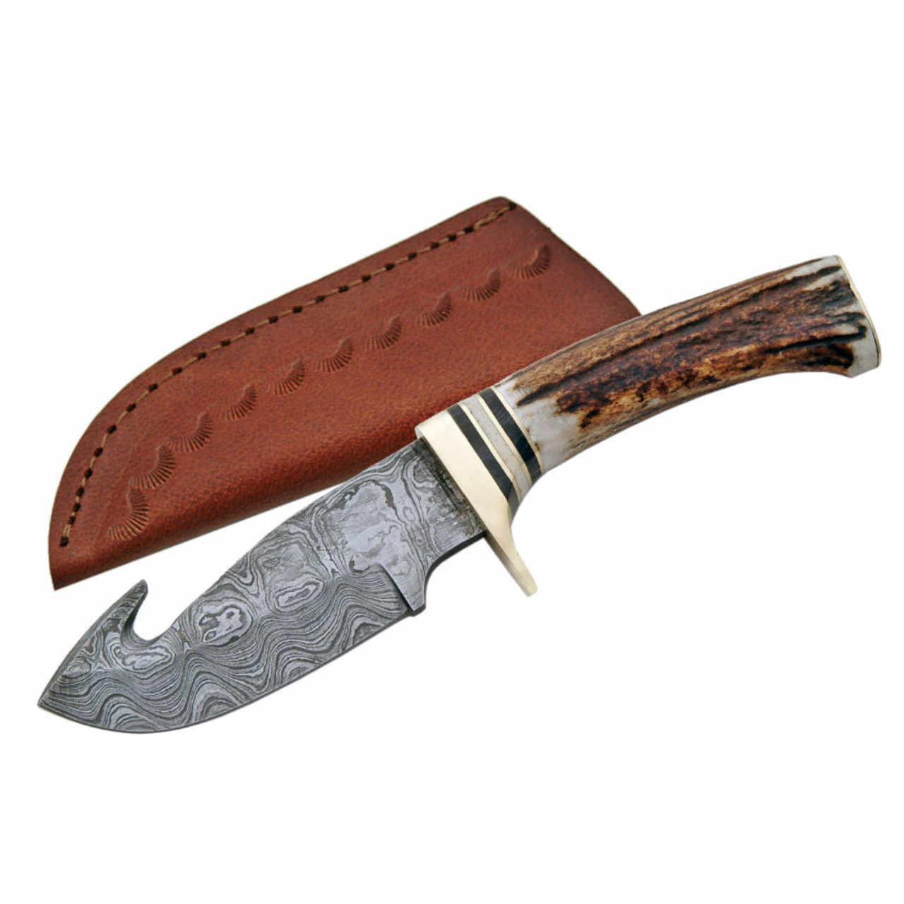 9 Damascus Stag Guthook Skinner - J&L Self Defense Products