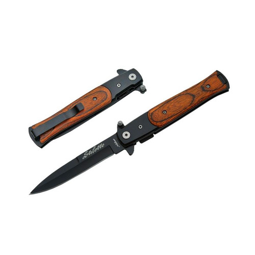 300102-WB Wood Stiletto Style Liner Lock Folding Knife