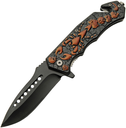 300563 Orange scorpion assisted opening folding knife with glass breaker and belt cutter