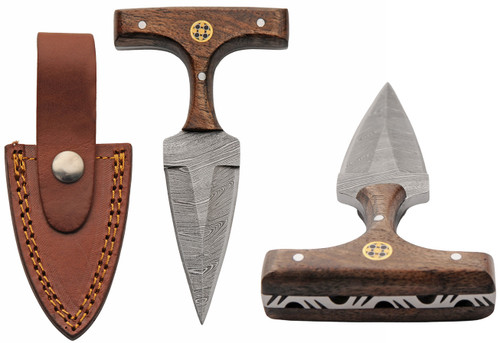 DM-1413 compact damascus fixed blade knife with walnut handle and leather sheath