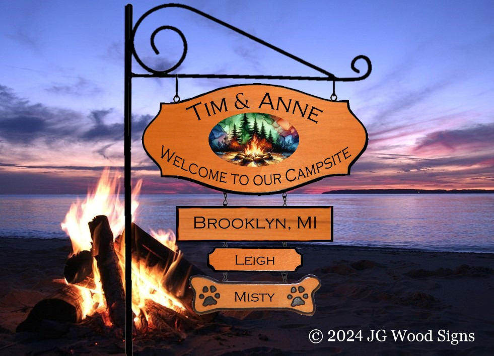 Personalized RV Signs Colored Campfire Graphic Campsite