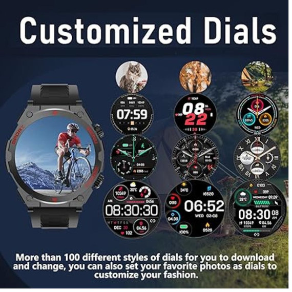 Smartwatch Militar para Hombres - Pantalla Táctil HD 1.52'' Reloj Inteligente - Monitor Cardíaco, Estrés y Sueño - Compatible con iPhone y Android - Resistente al Agua