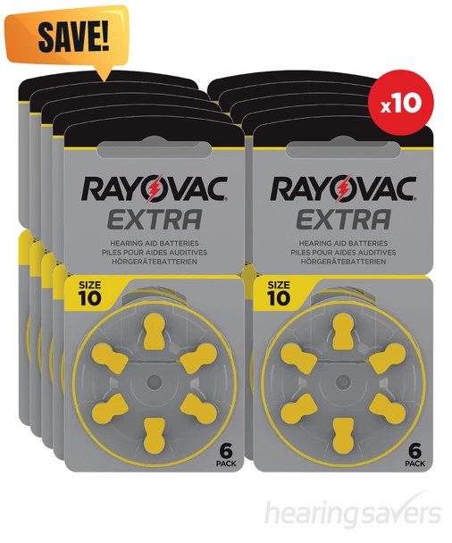 Box of Rayovac Extra Hearing Aid Batteries size 10 Pack of 60