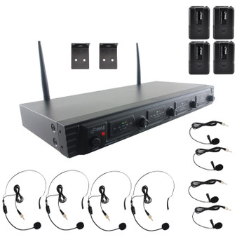 Uhf Quad Channel Fixed Frequency Wireless Microphone System (4 Headset & 4 Lavalier Microphones) (PYRPDWM4560)