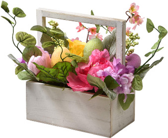 14" Decorated Wooden Basket With Rose, Hydranges & Eggs- Pack 1/4-Reshippable Inner Box (RAE-BC30367A-1)