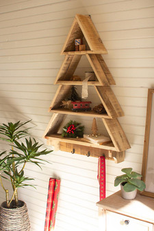 Recycled Wood Wall Christmas Tree Shelf With Coat Hooks
