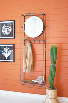 Tall Coat Rack With Round Mirror And Wooden Shelf