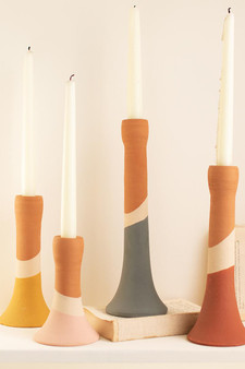 (Set Of 4) Clay Multi Color Striped Taper Candle Holders