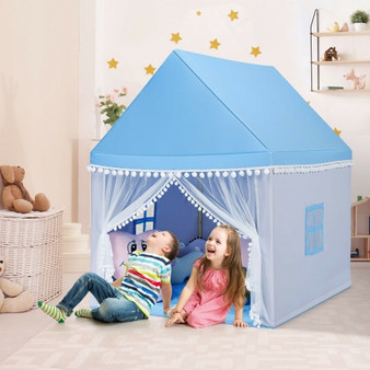 Kids Play Tent Large Playhouse Children Play Castle Fairy Tent Gift With Mat-Blue (HW67015BL)