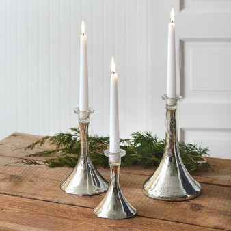 (Set Of 3) Silver Mercury Glass Taper Candle Holders