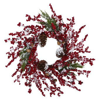 24" Frosted Cypress Artificial Wreath With Berries And Pine Cones (4481)