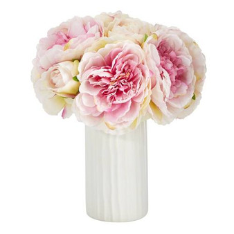 11" Peony Bouquet Artificial Arrangement In White Vase (A1428-PK)