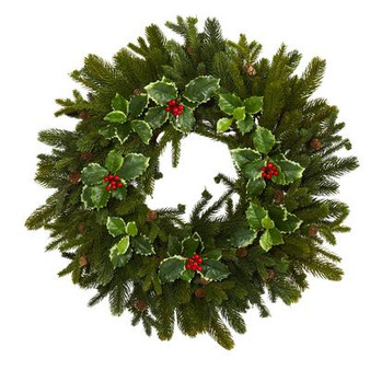 22" Pine, Pinecone And Variegated Holly Leaf Artificial Wreath (W1033)