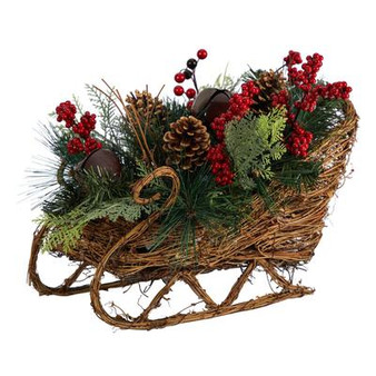 18" Christmas Sleigh With Pine, Pinecones And Berries Artificial Christmas Arrangement (A1860)