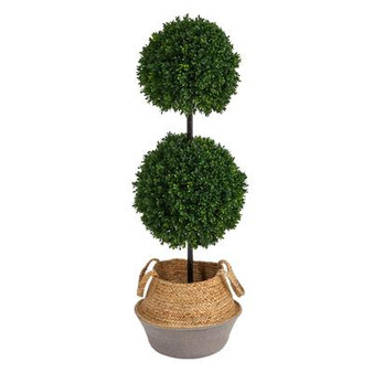 3.5' Boxwood Double Ball Artificial Topiary Tree In Boho Chic Handmade Cotton & Jute Gray Woven Planter Uv Resistant (Indoor/Outdoor) (T2945)