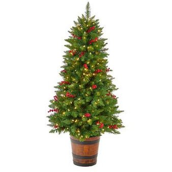 5' Colorado Aspen Pre-Lit Artificial Porch Christmas Tree With 200 Led Lights, 426 Bendable Branches & Berries In Decorative Planter (T3280)