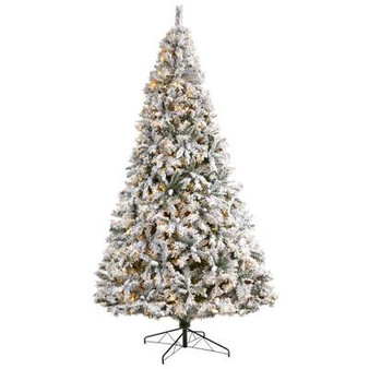 10' Flocked White River Mountain Pine Artificial Christmas Tree With Pinecones & 800 Clear Led Lights (T3385)