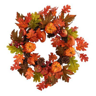 20" Autumn Assorted Maple Leaf, Pumpkin Gourd, Pinecone And Berry Artificial Fall Wreath (W1221)