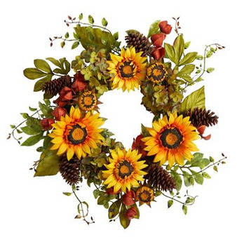 26" Fall Hydrangea, Sunflower And Pinecones Artificial Autumn Wreath (W1226)