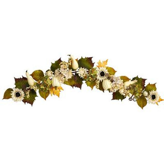 5' Fall Sunflower, Hydrangea And White Pumpkin Artificial Autumn Garland (W1242)