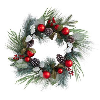 24" Assorted Pine, Pinecone And Berry Artificial Christmas Wreath With Red Ornaments (W1267)