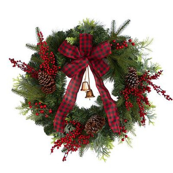 24" Decorated Christmas Artificial Wreath With Bow And 130 Bendable Branches (W1278)