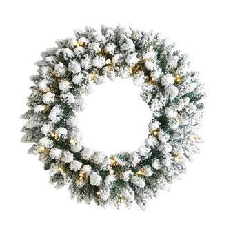 24" Flocked Artificial Christmas Wreath With 160 Bendable Branches And 35 Warm White Led Lights (W1306)