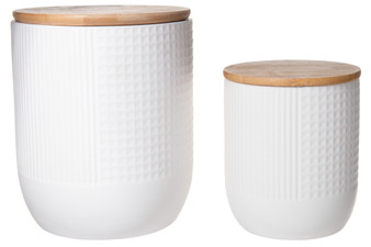 Ceramic Round Canister With Bamboo Lid, Combination Pattern Design Body And Smooth Tapered Bottom (Set Of 2) Matte Finish White 10922