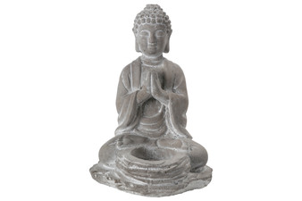Cement Meditating Buddha Figurine In Anjali Mudra Position With Front Candle Holder On Flat Base Natural Finish Gray (Pack Of 6) 41526
