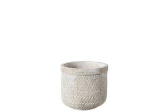 Cement Round Pot With Banded Lip And Basket Weaved Design Body Sm Washed Finish Tan (Pack Of 6) 53884