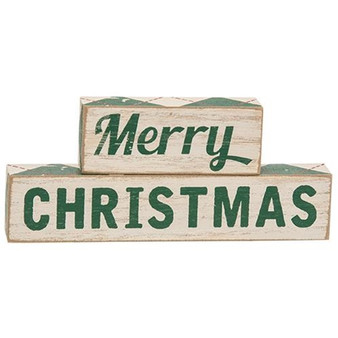 2/Set Plaid Merry Christmas Wooden Blocks G35721 By CWI Gifts