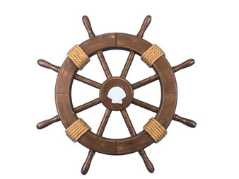 Rustic Wood Finish Decorative Ship Wheel With Seashell 18" Rustic-Wood-SW-Seashell-18