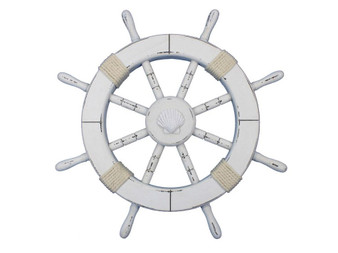 Rustic White Decorative Ship Wheel With Seashell 18" Rustic-White-SW-Seashell-18