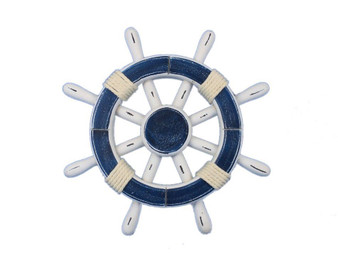 Rustic Dark Blue And White Decorative Ship Wheel 12" Rustic-Dark-Blue-White-SW-12