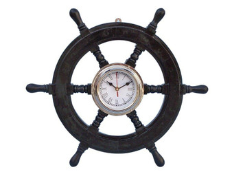 Deluxe Class Wood And Chrome Pirate Ship Wheel Clock 18" SW-1720-Black