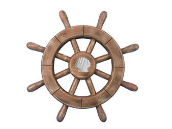 Rustic Wood Finish Decorative Ship Wheel With Seashell 12" rustic-wood-sw-12-seashell